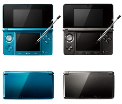 The Nintendo 3DS in its original launch colors (Aqua Blue and Cosmo Black).