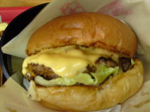 A very no-frills but juicy looking burger.